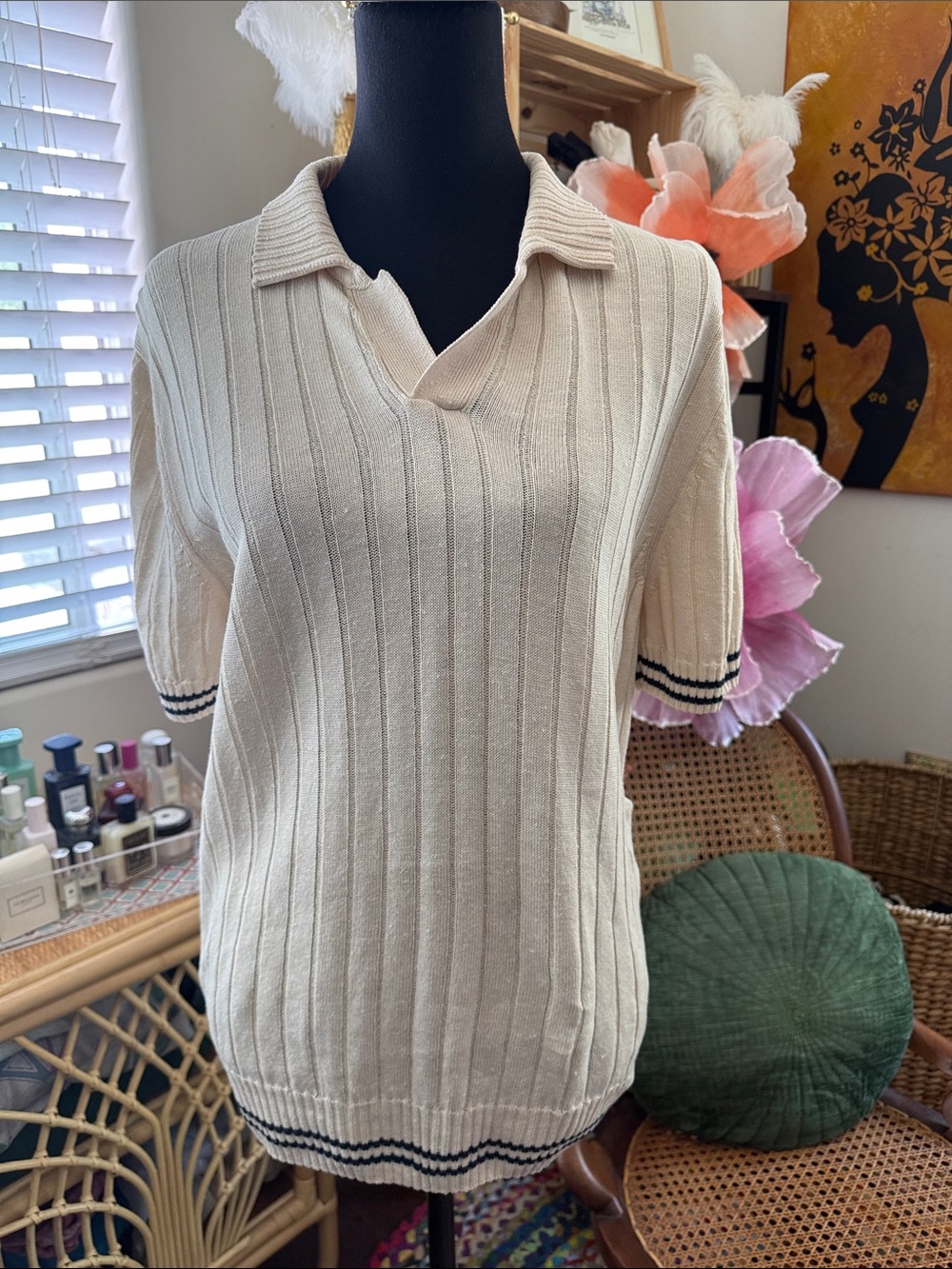 Men’s Gran Sasso Ivory Linen Knit Stripe Classic Preppy Hamptons Polo Sweater